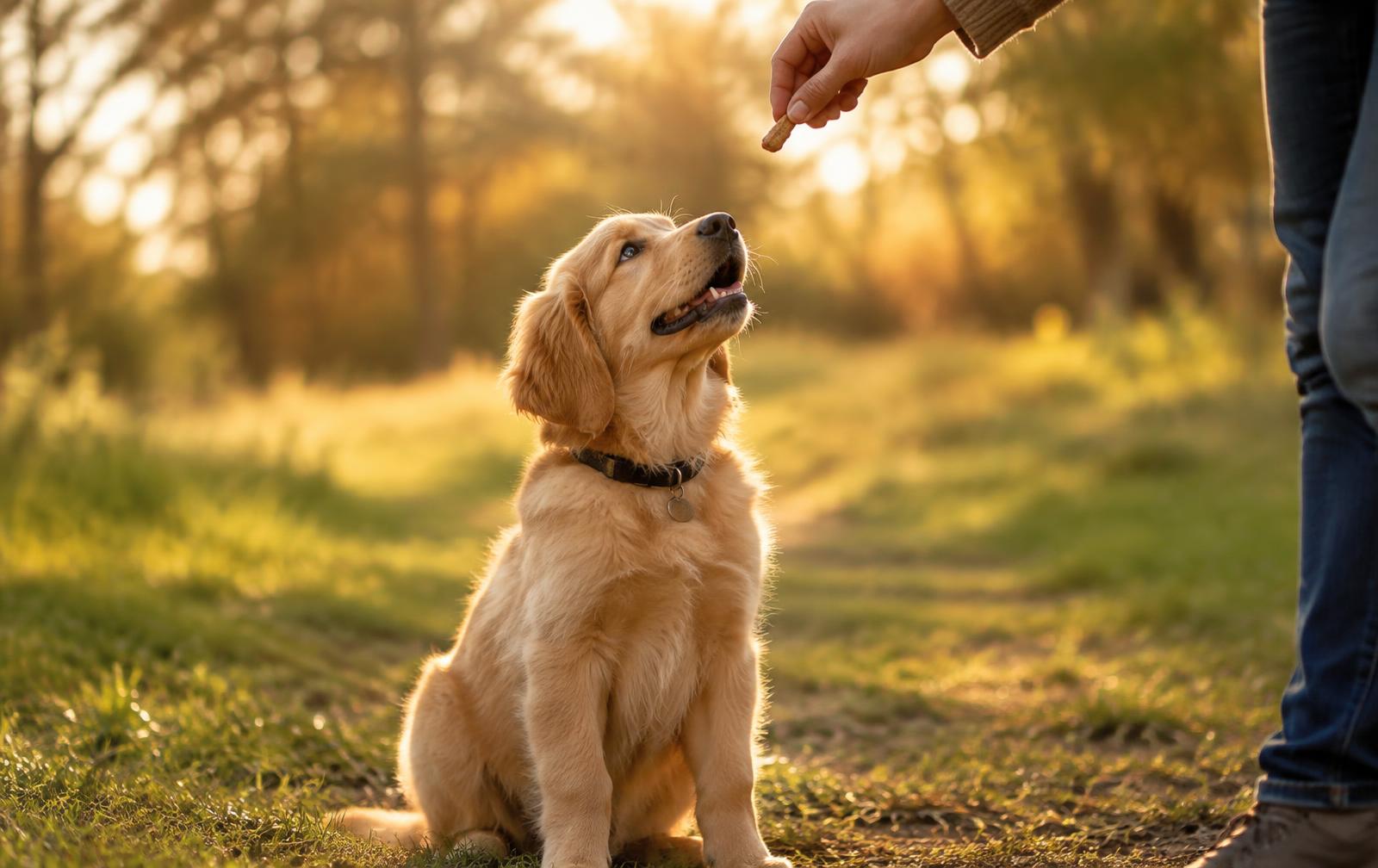 Golden retriever puppy looking up at a treat during a training session